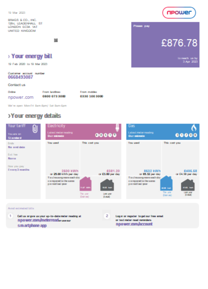 Npower utility business bill, version 1, SCR PSD template